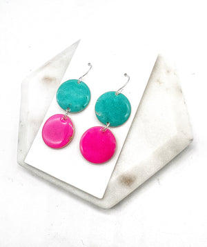 Hot Pink Turquoise Candy Enamel Duo Drop Earrings