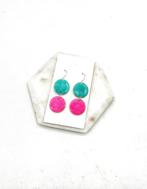 Hot Pink Turquoise Candy Enamel Duo Drop Earrings