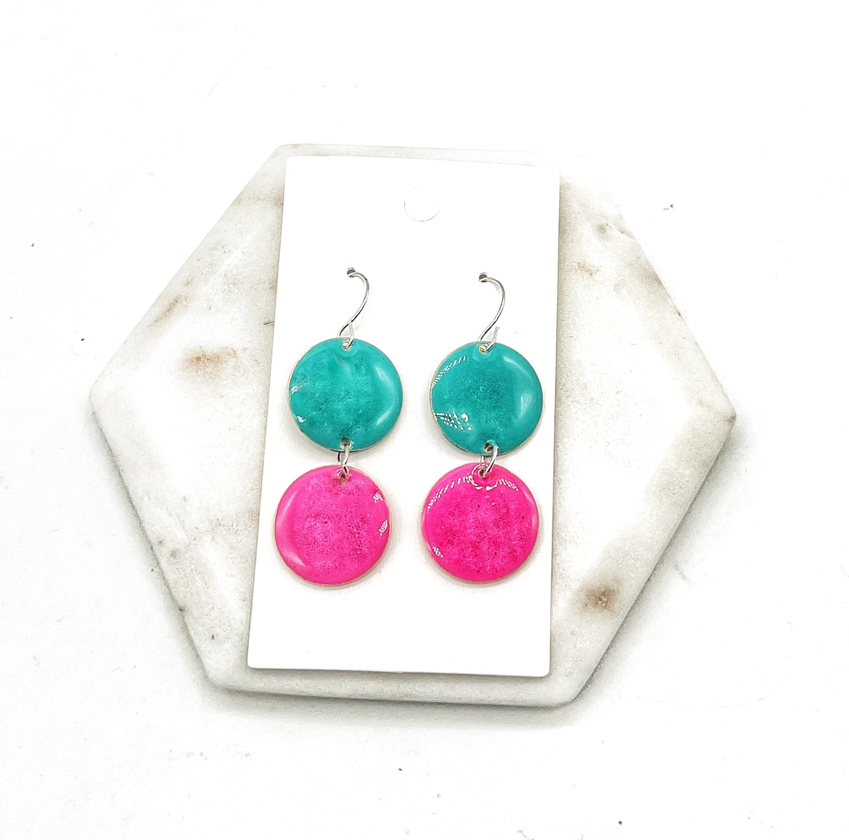 Hot Pink Turquoise Candy Enamel Duo Drop Earrings