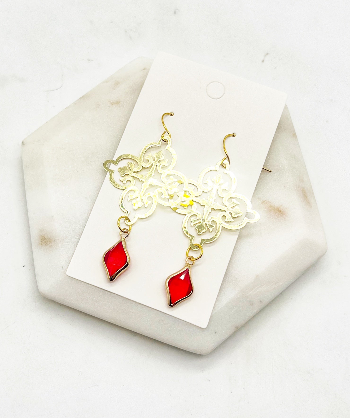 Red Gem Filigree Earrings