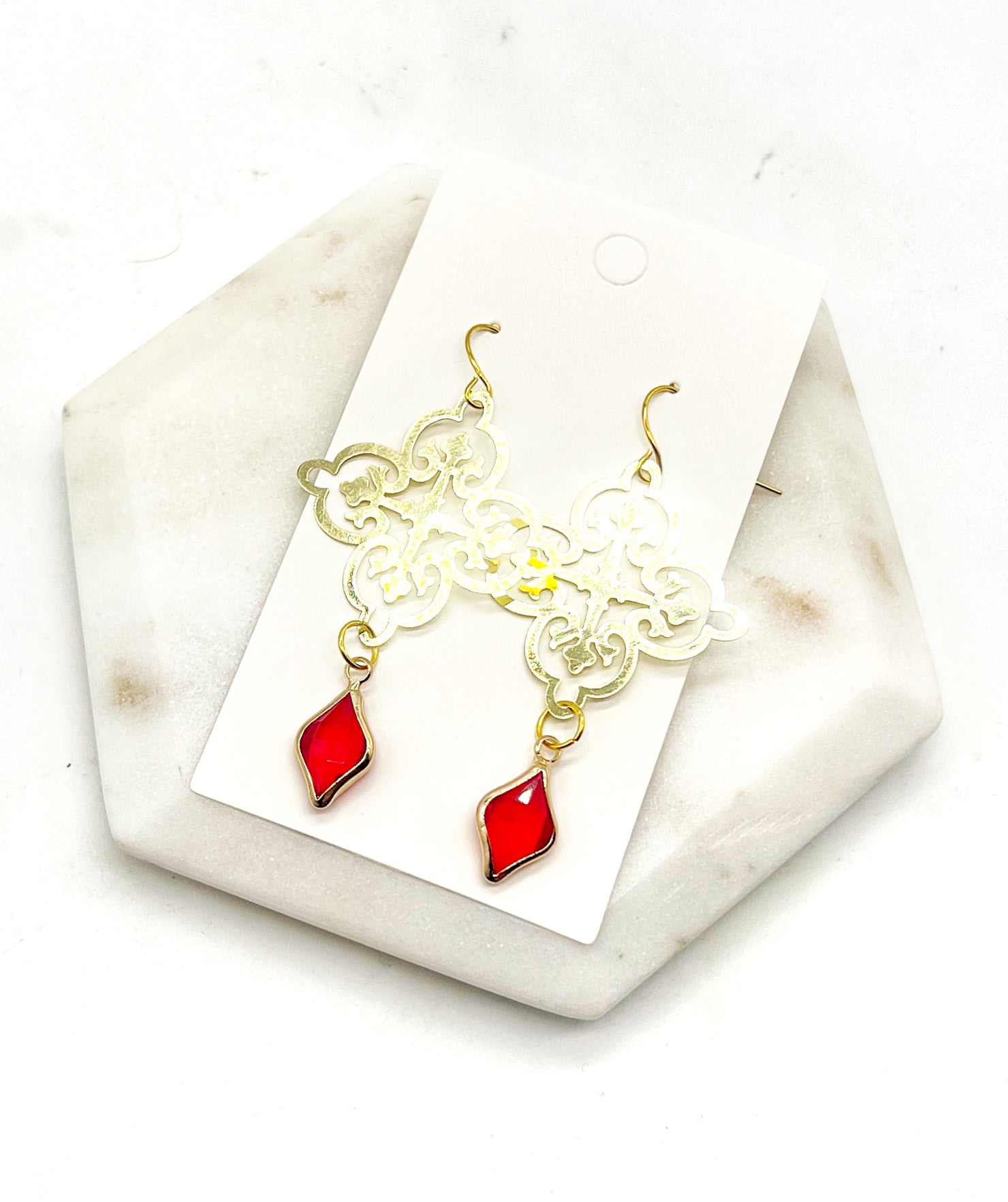 Red Gem Filigree Earrings