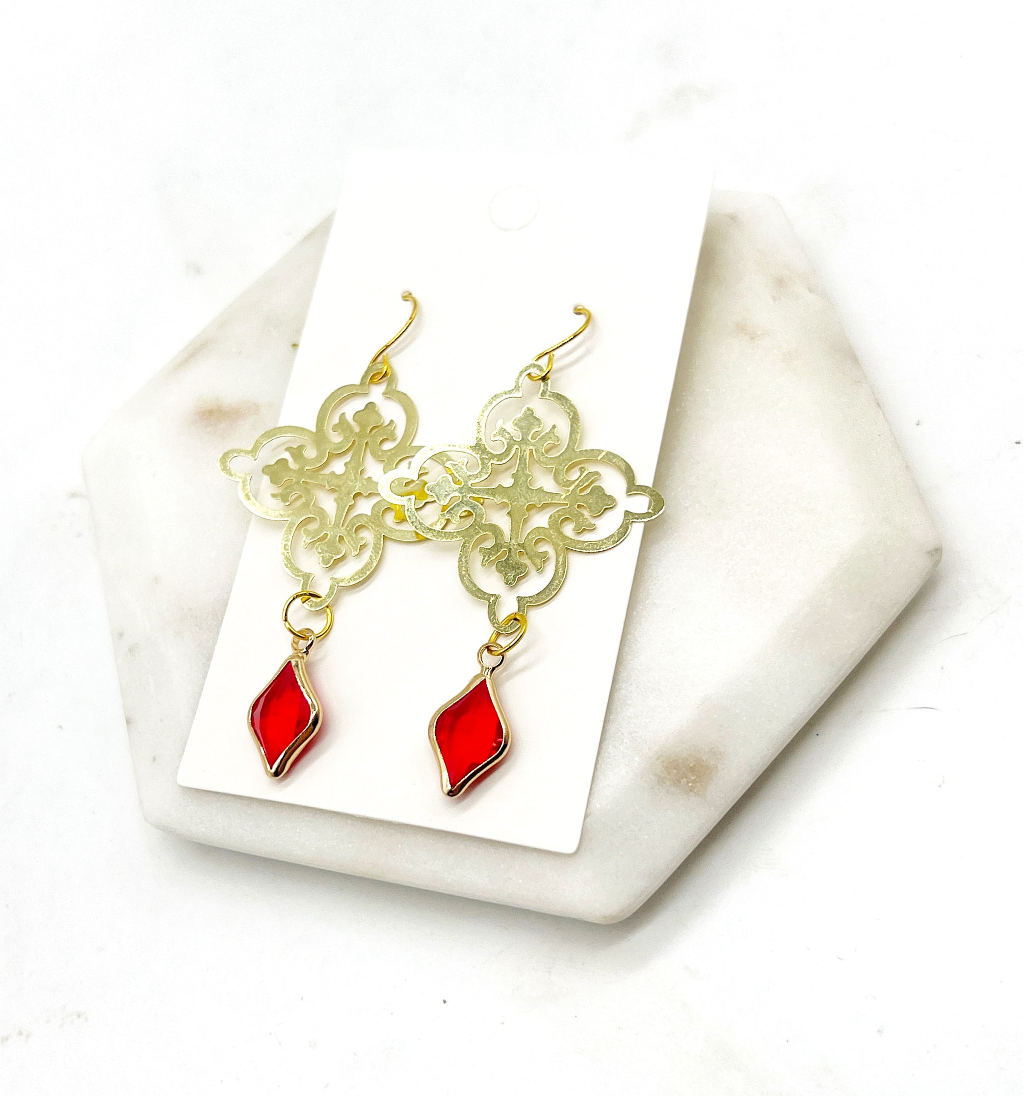 Red Gem Filigree Earrings