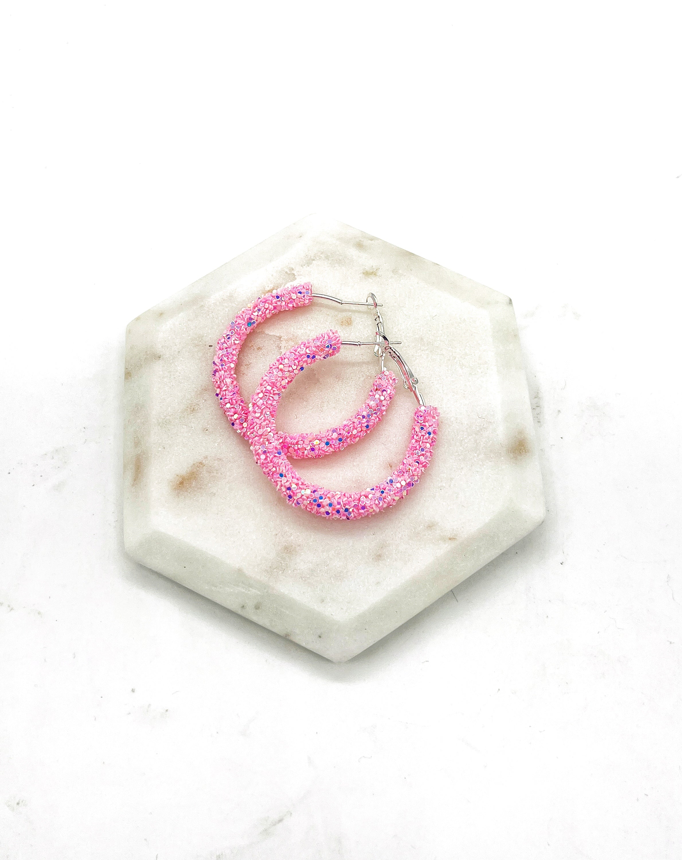 Pink Glitter Hoop Earrings