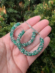 Emerald Green Silver Glitter Hoop Earrings