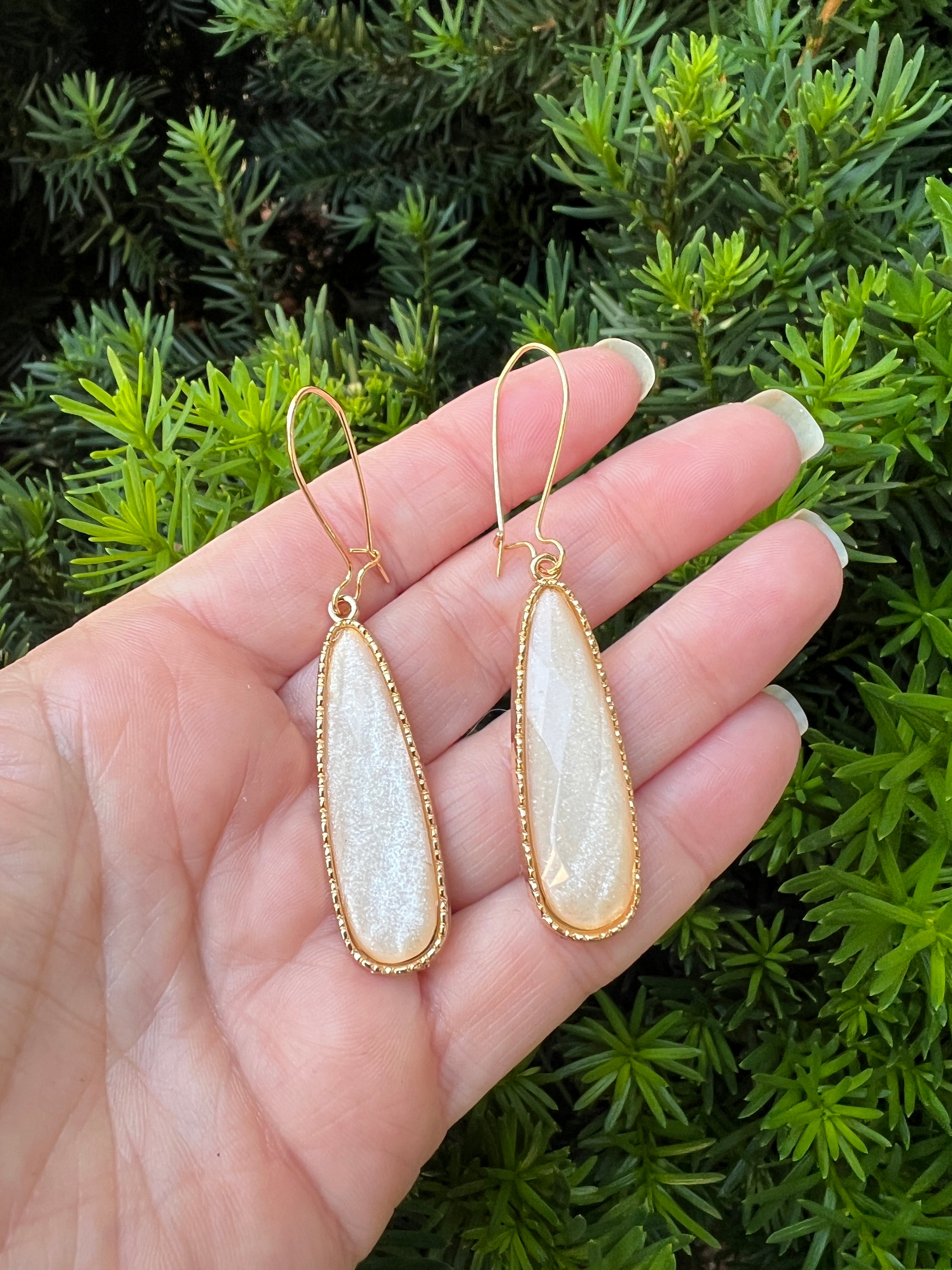 Cream Gem Long Drop Earrings