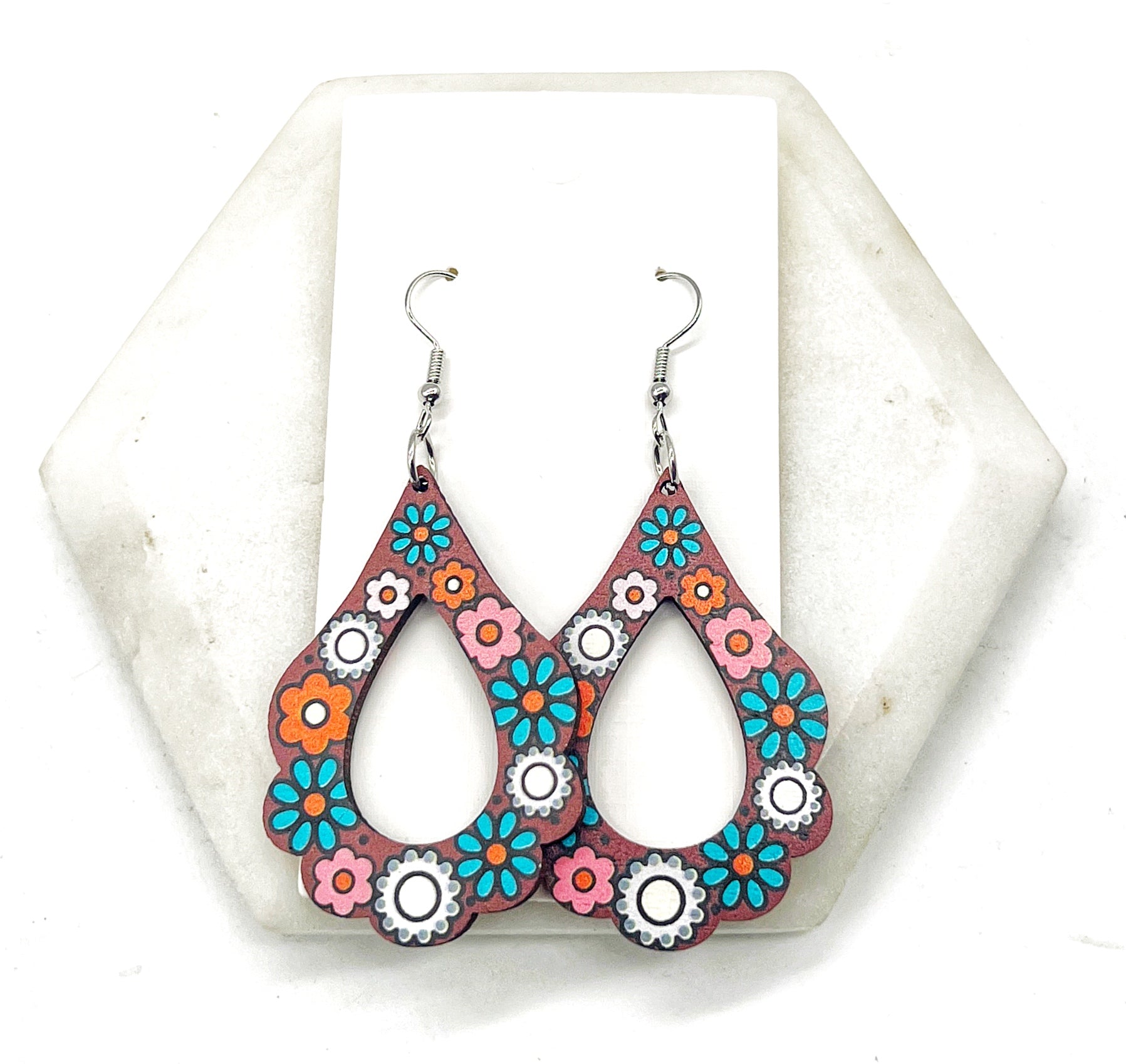 Boho Fall Scalloped Wood Teardrop Earrings
