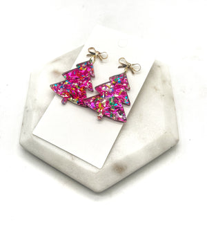 Pink Glitter AcrylicChristmas Tree Bow Earrings