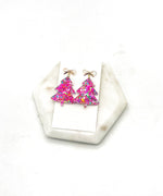 Pink Glitter AcrylicChristmas Tree Bow Earrings