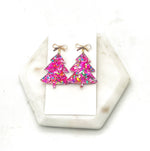 Pink Glitter AcrylicChristmas Tree Bow Earrings