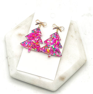 Pink Glitter AcrylicChristmas Tree Bow Earrings