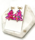 Pink Glitter AcrylicChristmas Tree Bow Earrings