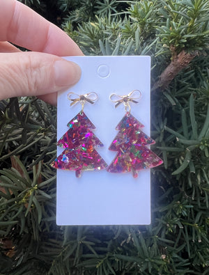 Pink Glitter AcrylicChristmas Tree Bow Earrings