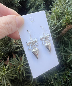 White Silver Bow Heart Earrings