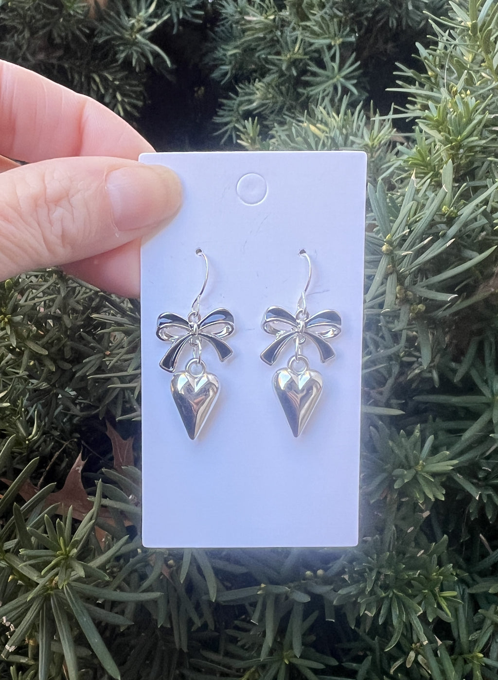 Black Silver Bow Heart Earrings