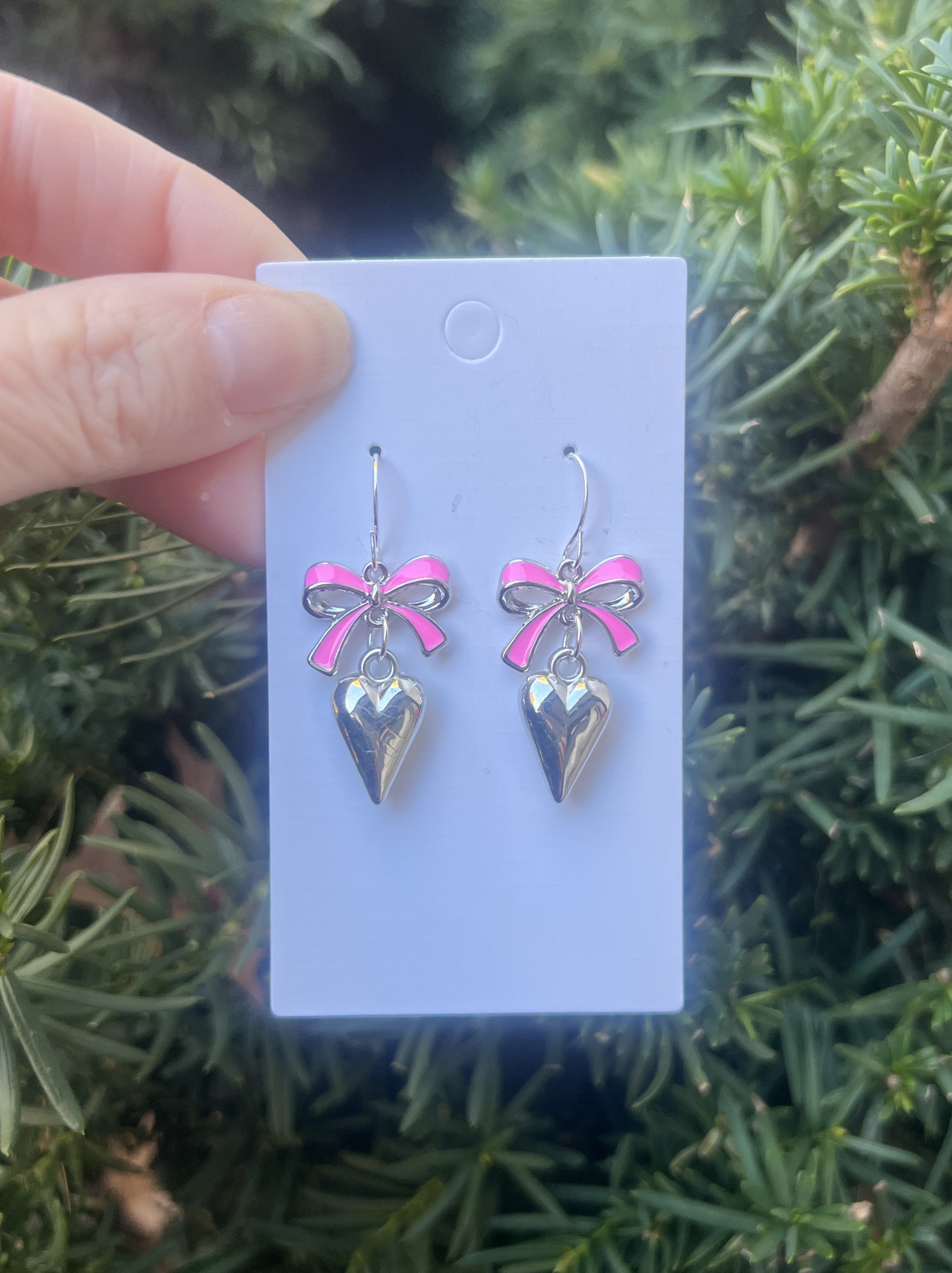 Pink Silver Bow Heart Earrings