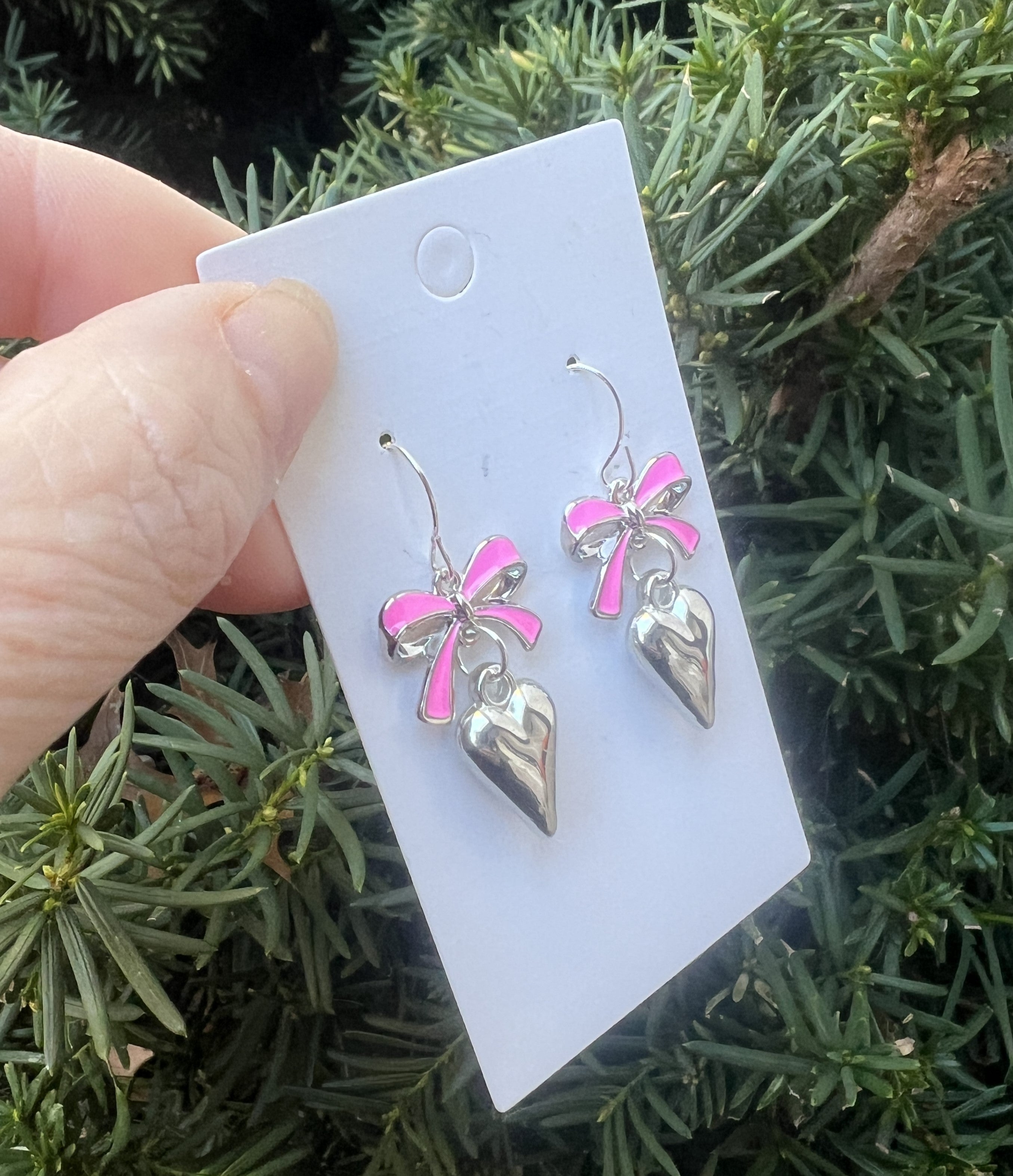 Pink Silver Bow Heart Earrings