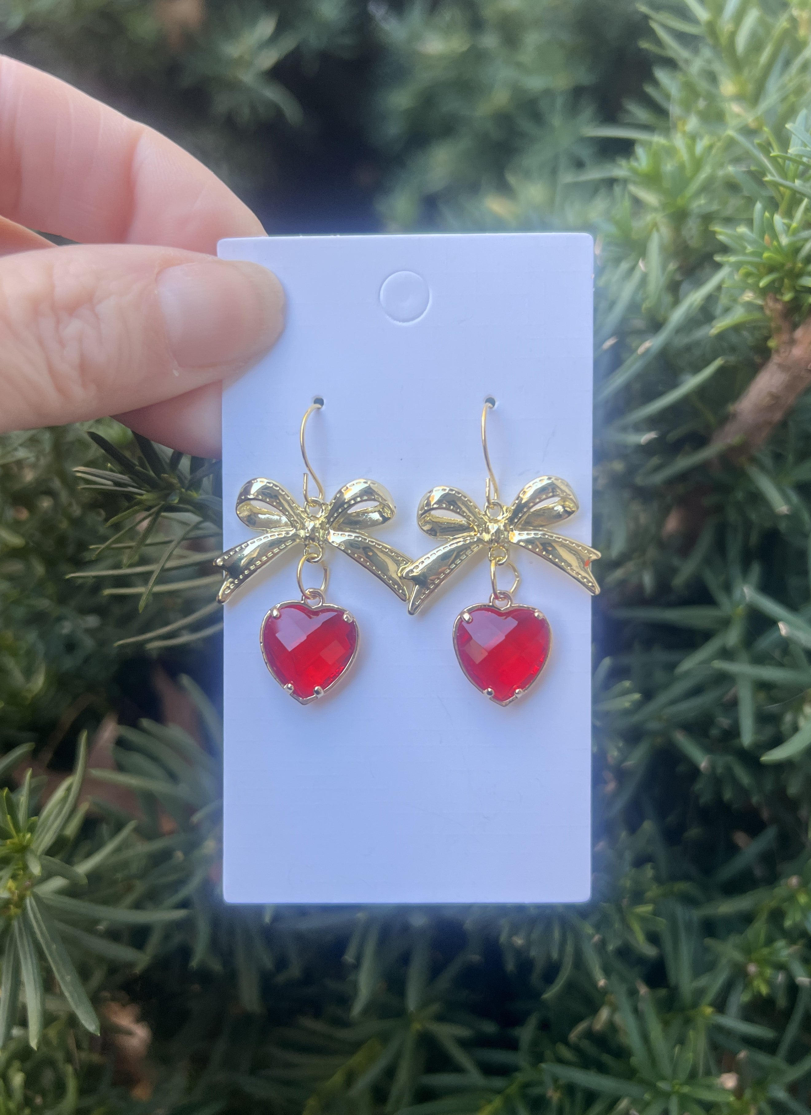 Red Gold Crystal Bow Heart Earrings