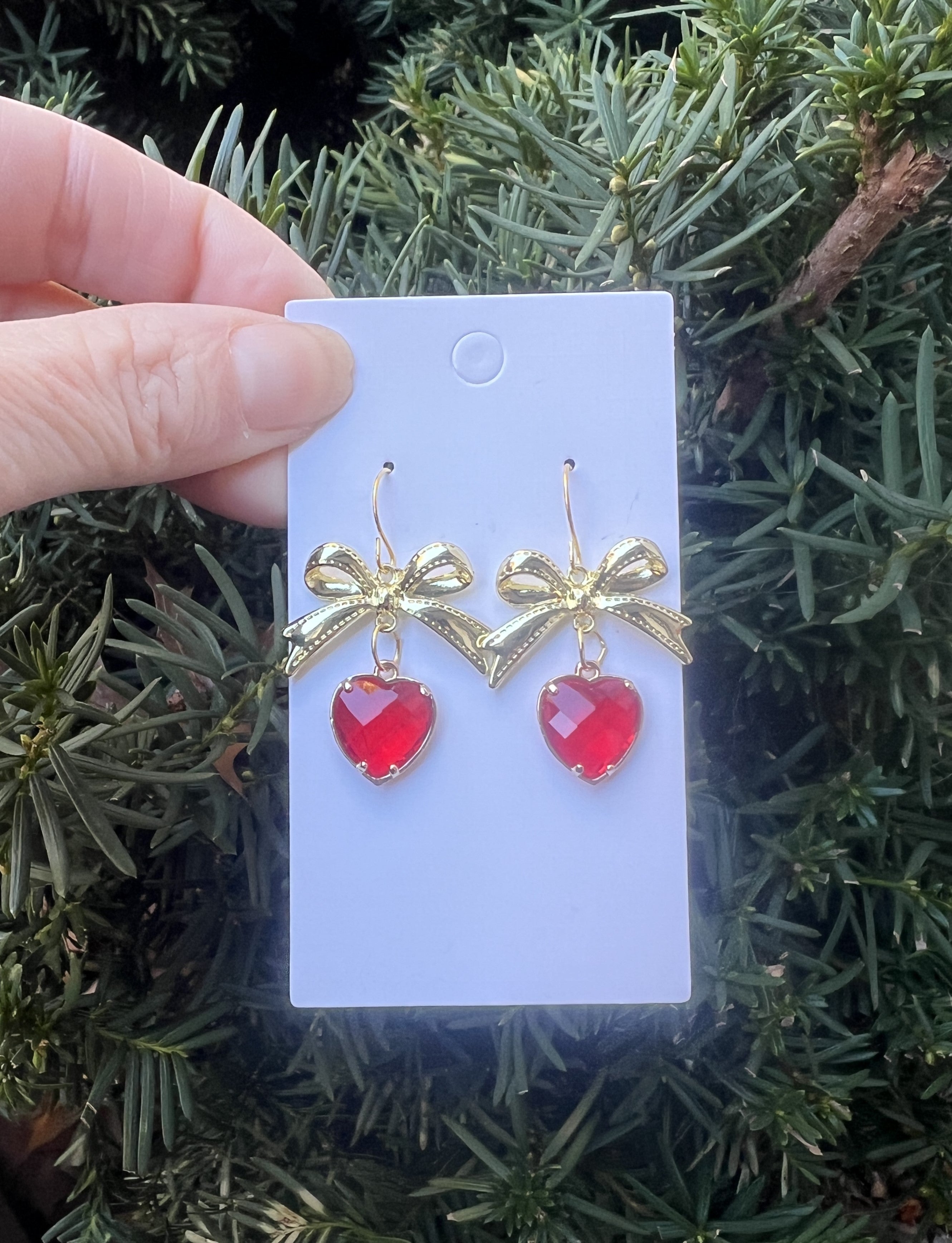 Red Gold Crystal Bow Heart Earrings