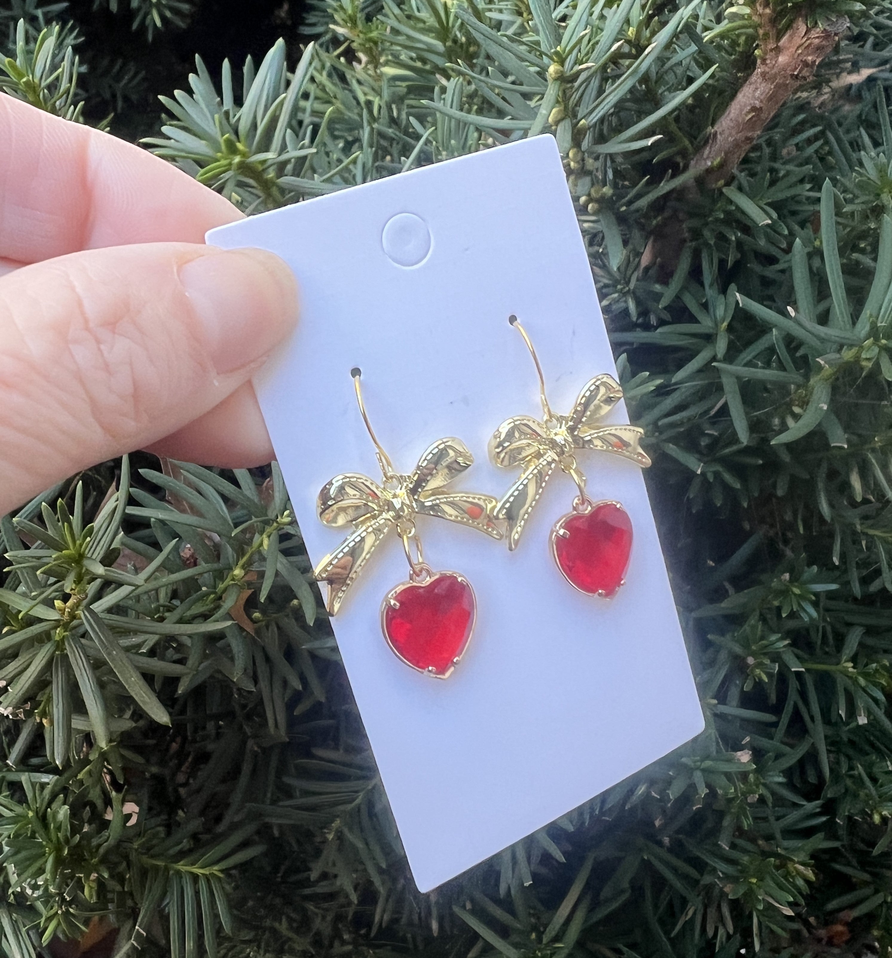 Red Gold Crystal Bow Heart Earrings