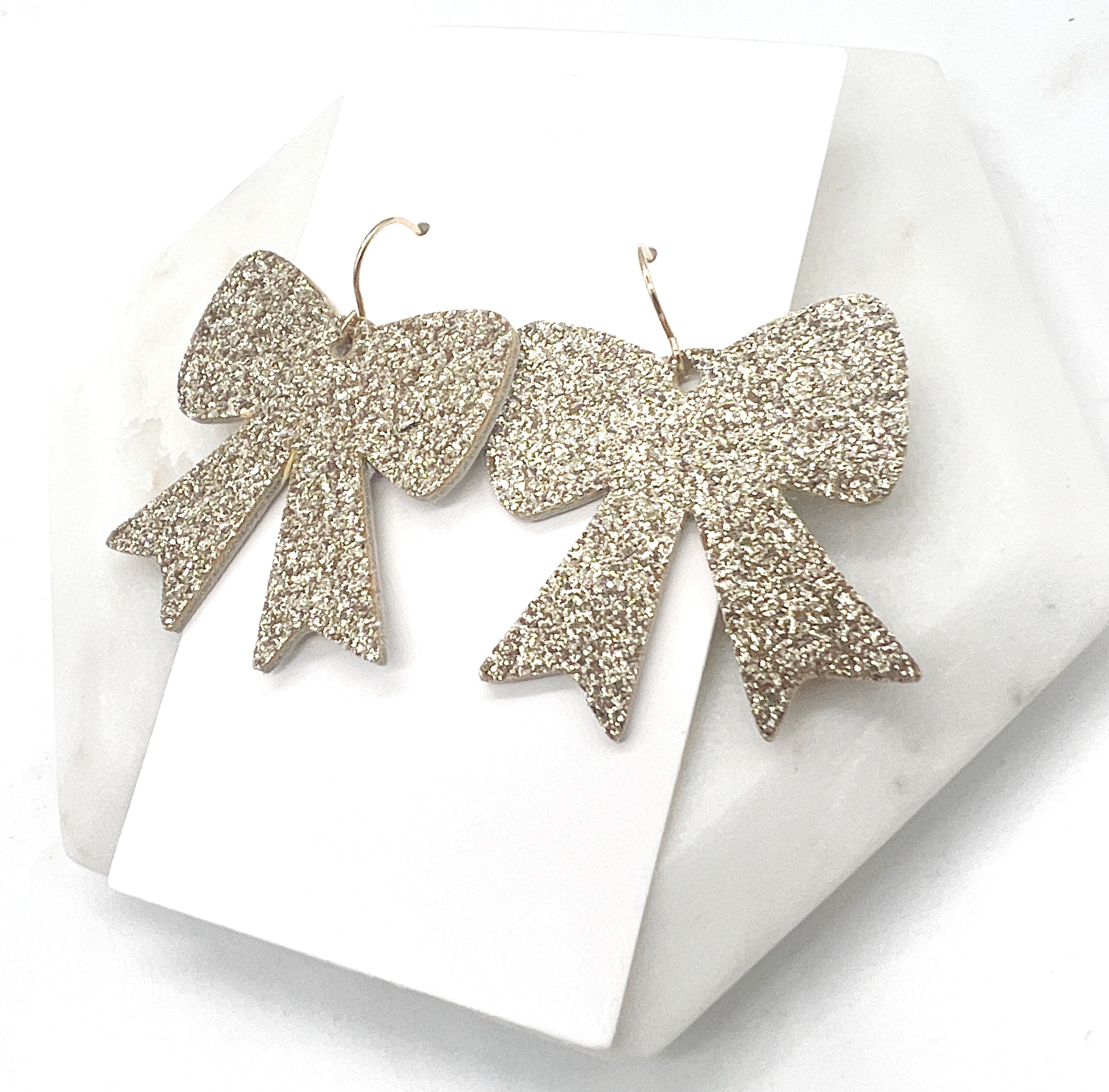 Gold Bow Glitter Leather Earrings