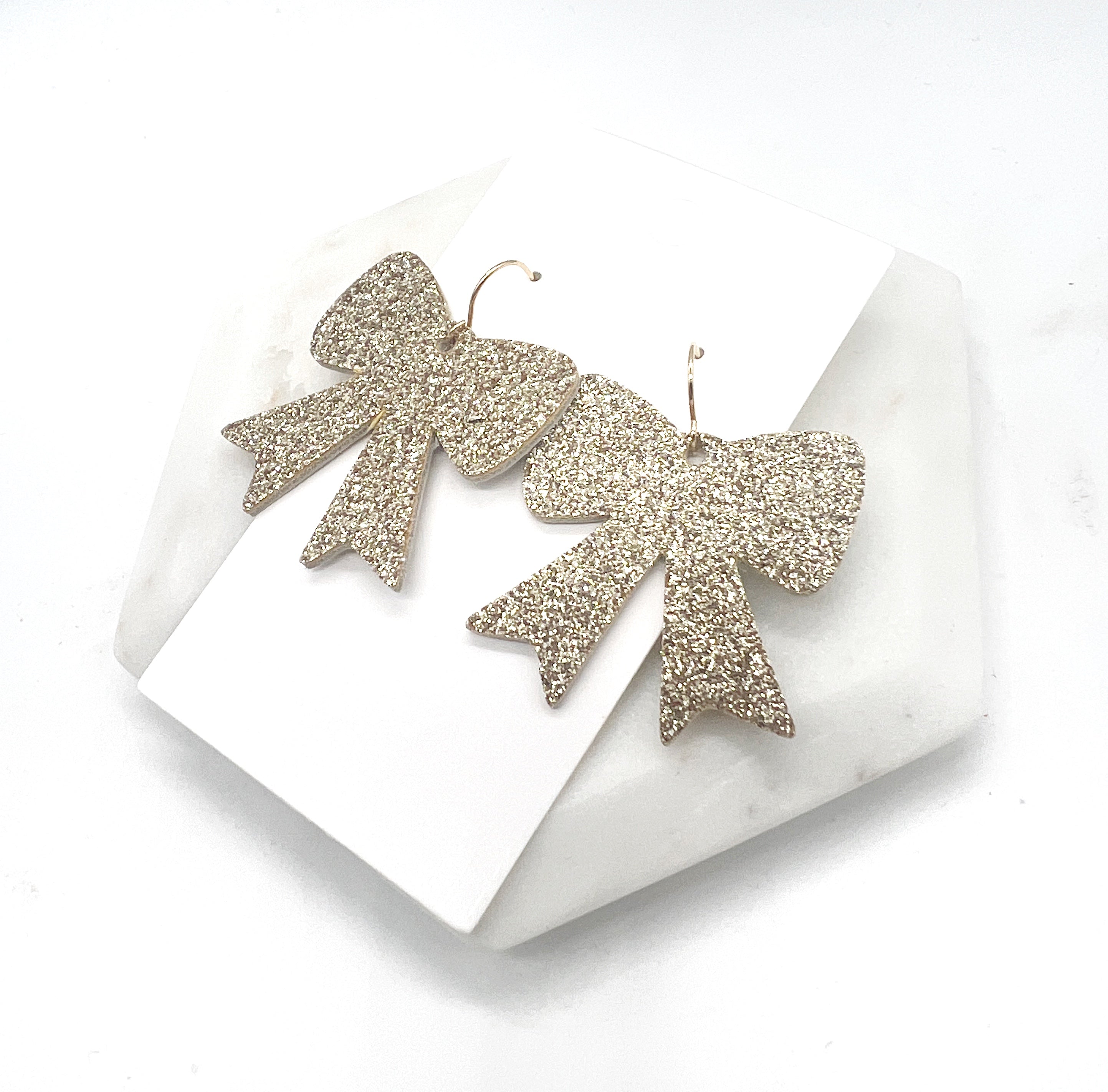 Gold Bow Glitter Leather Earrings