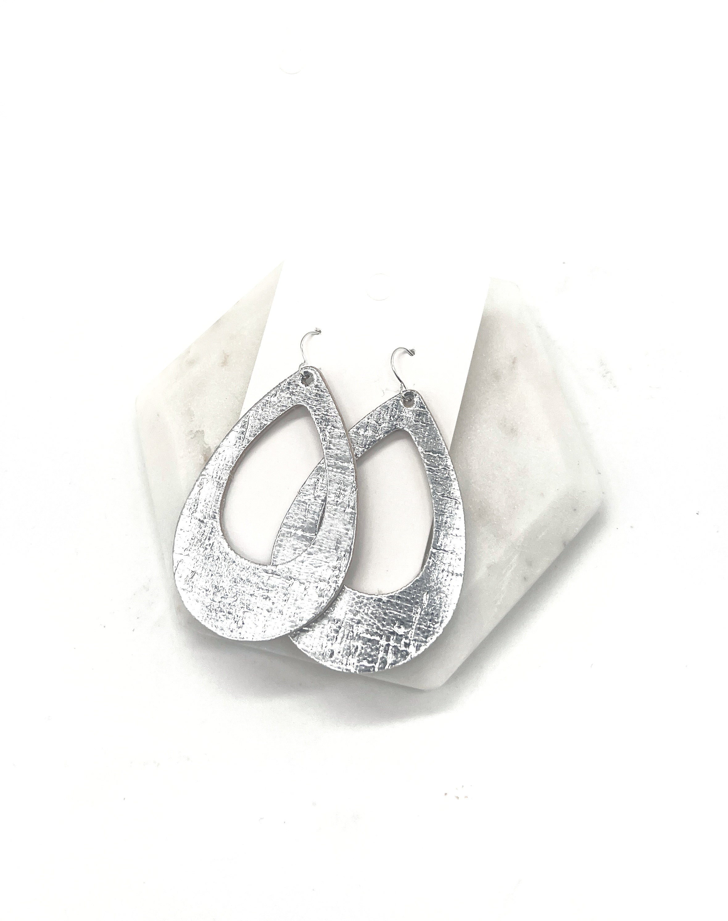Silver Cutout Teardrop Cork Leather Earrings