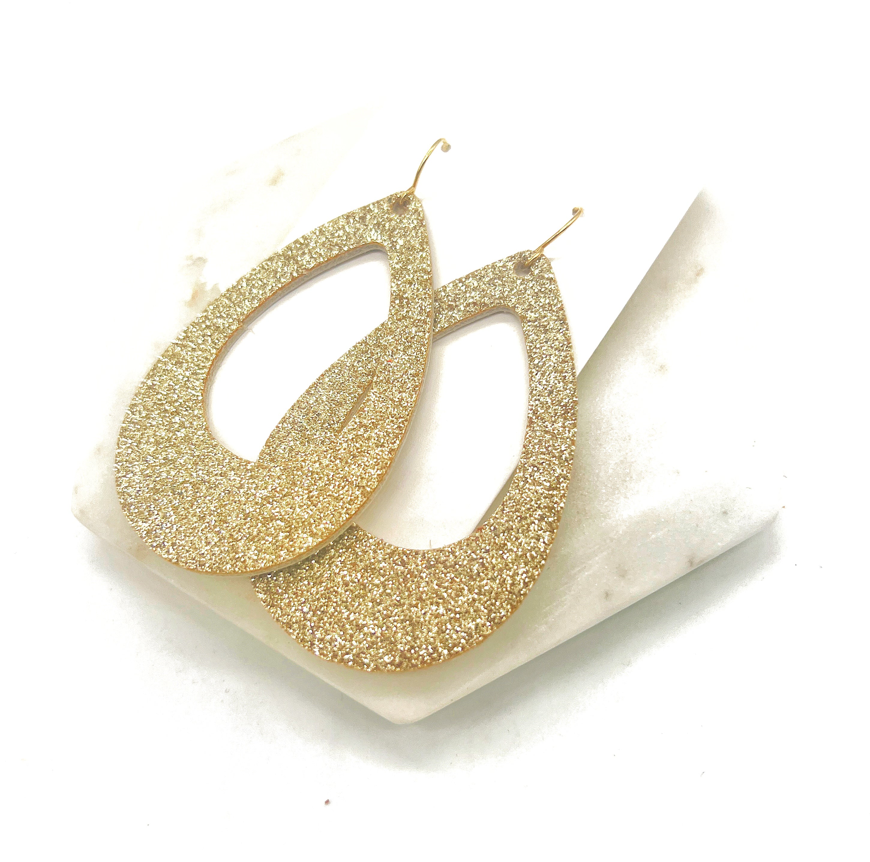 Gold Glitter Cutout Teardrop Leather Earrings