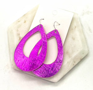 Fuchsia Hot Pink Teardrop Cutout Cork Leather Earrings