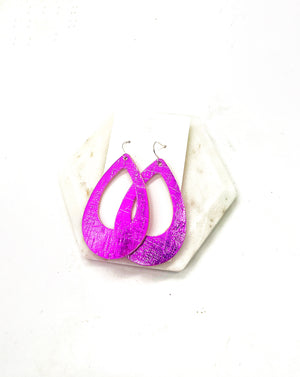 Fuchsia Hot Pink Teardrop Cutout Cork Leather Earrings