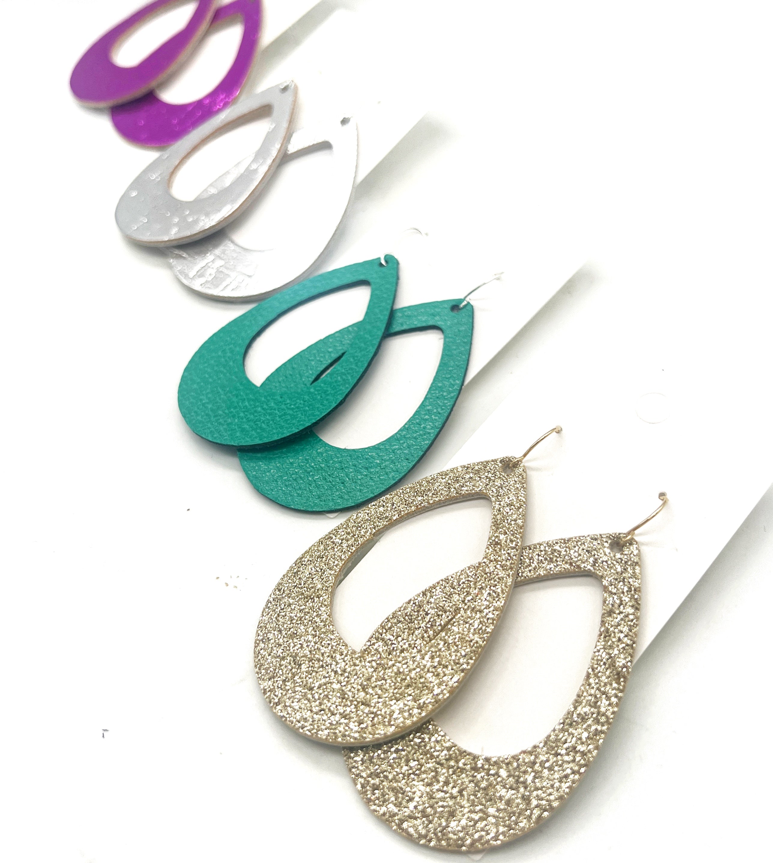 Gold Glitter Cutout Teardrop Leather Earrings