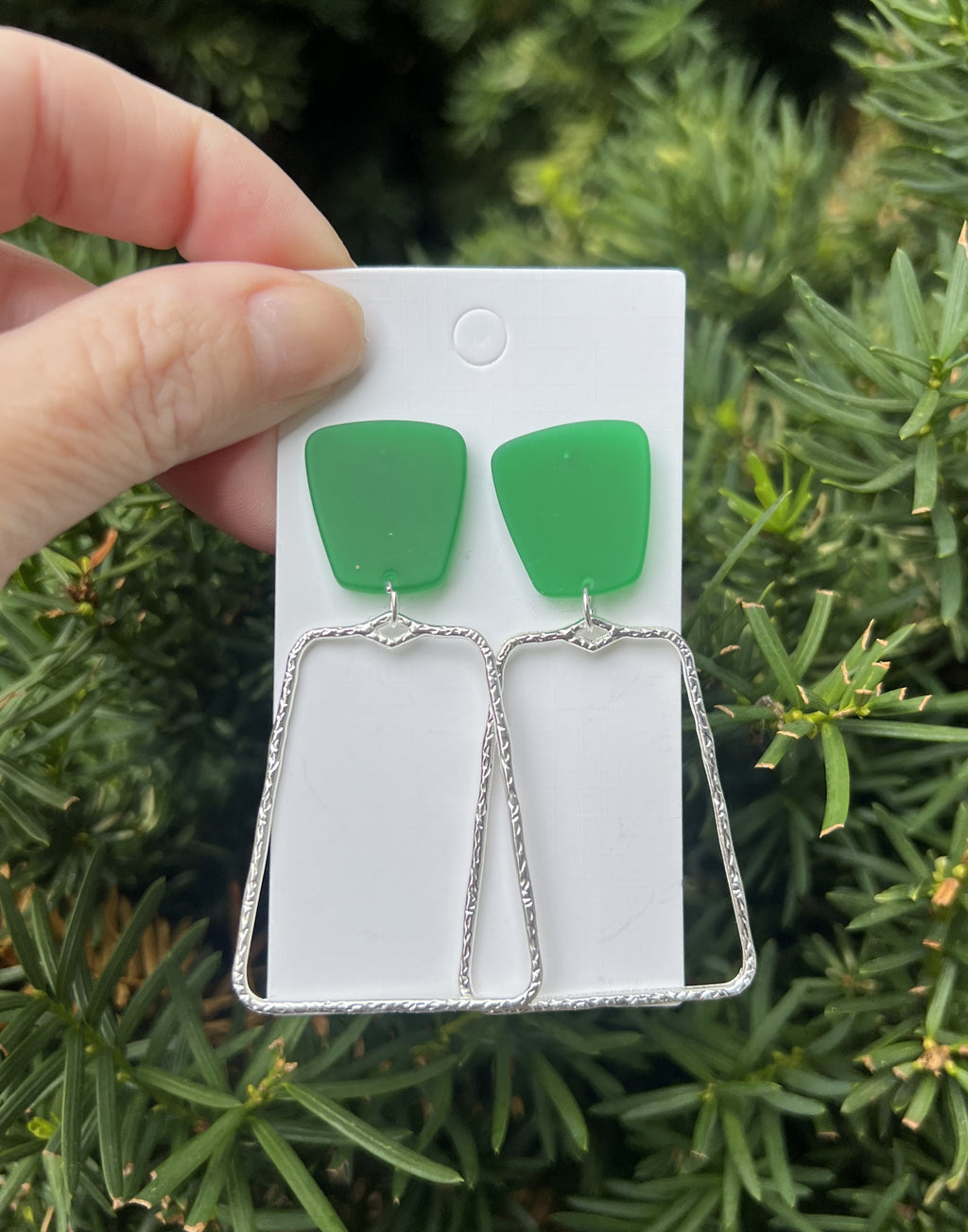 Green Silver Trapezoid Earrings