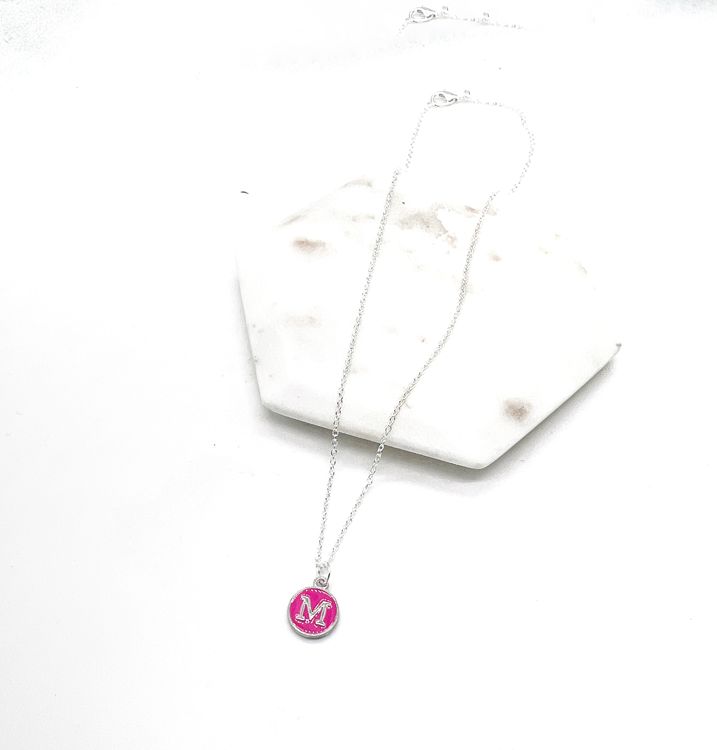Pink Silver Initial Necklace