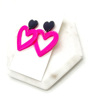 Hot Pink Black Heart Cutout Acrylic Earrings