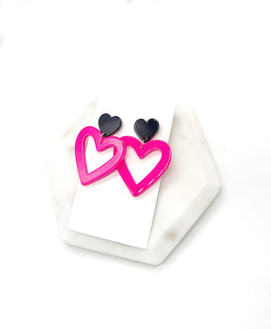 Hot Pink Black Heart Cutout Acrylic Earrings