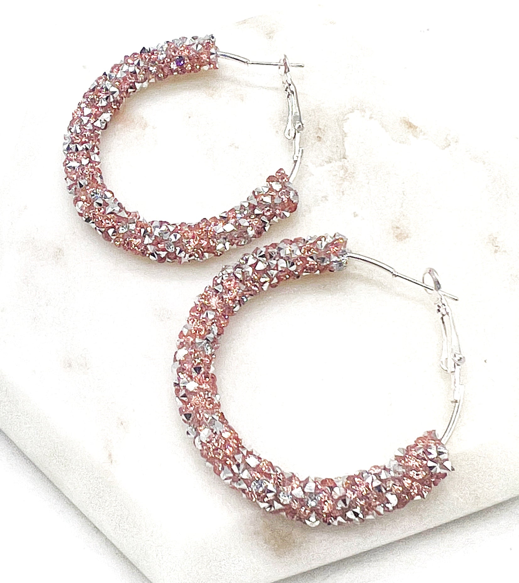Pink Silver Glitter Hoop Earrings