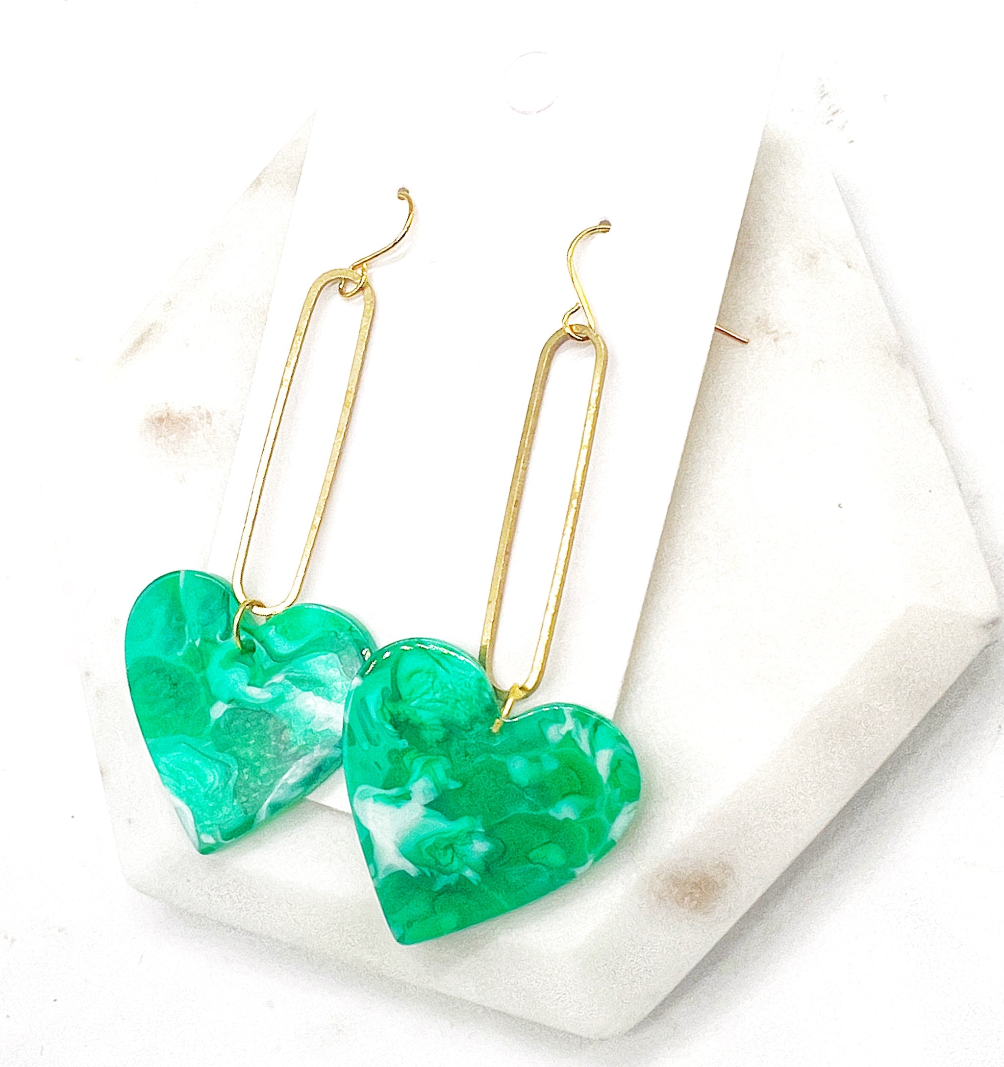 Green Swirl Heart Swing Earrings