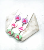 Purple Pink Green Conversation Heart Earrings