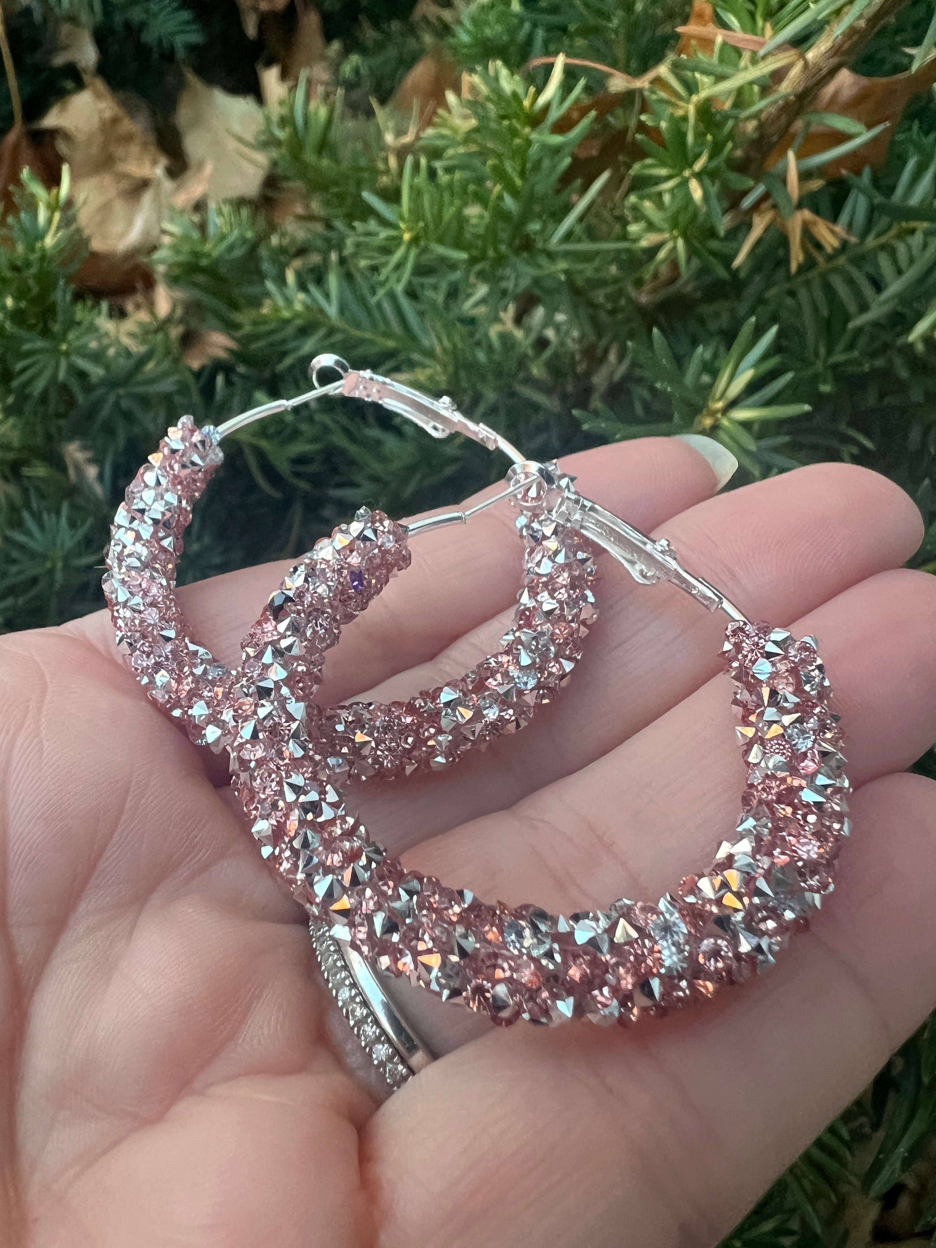 Pink Silver Glitter Hoop Earrings