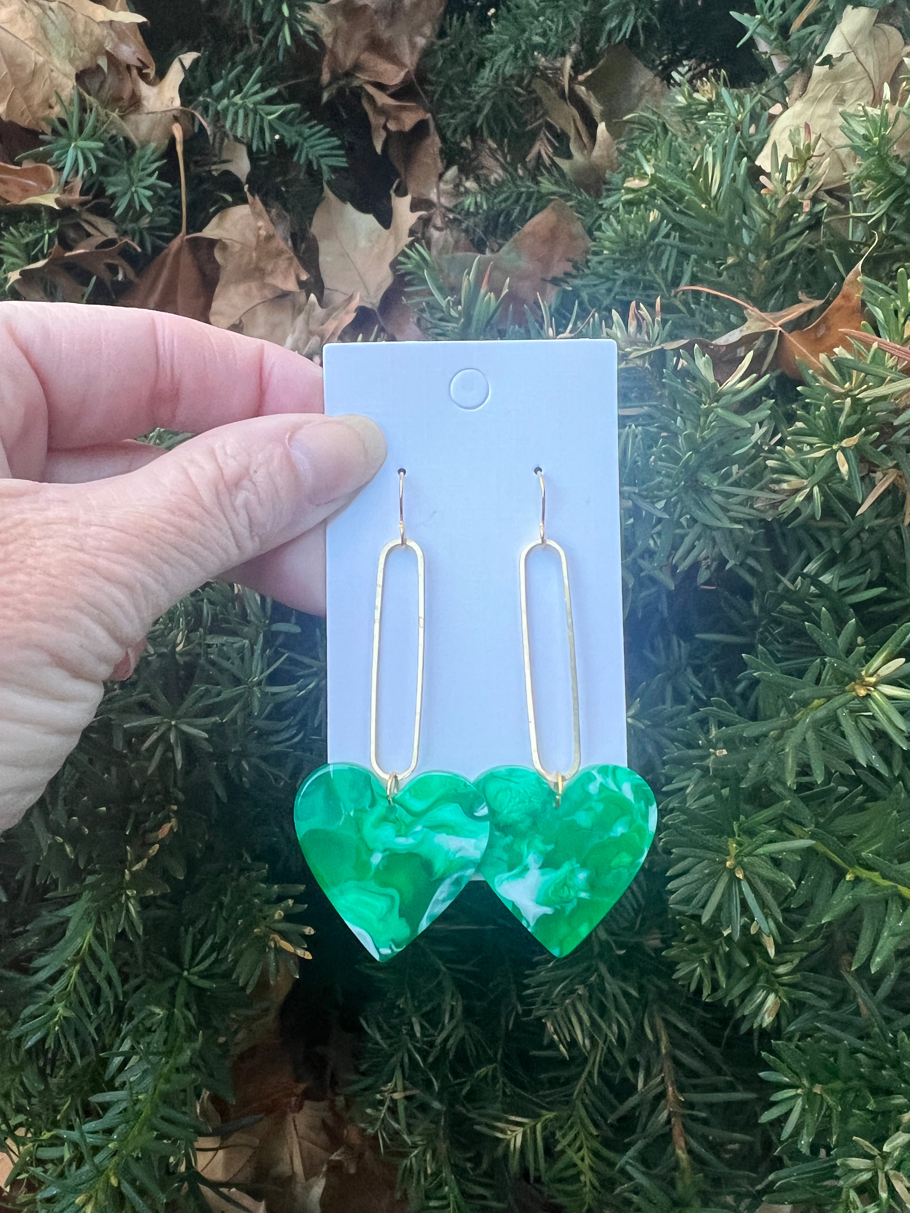 Green Swirl Heart Swing Earrings