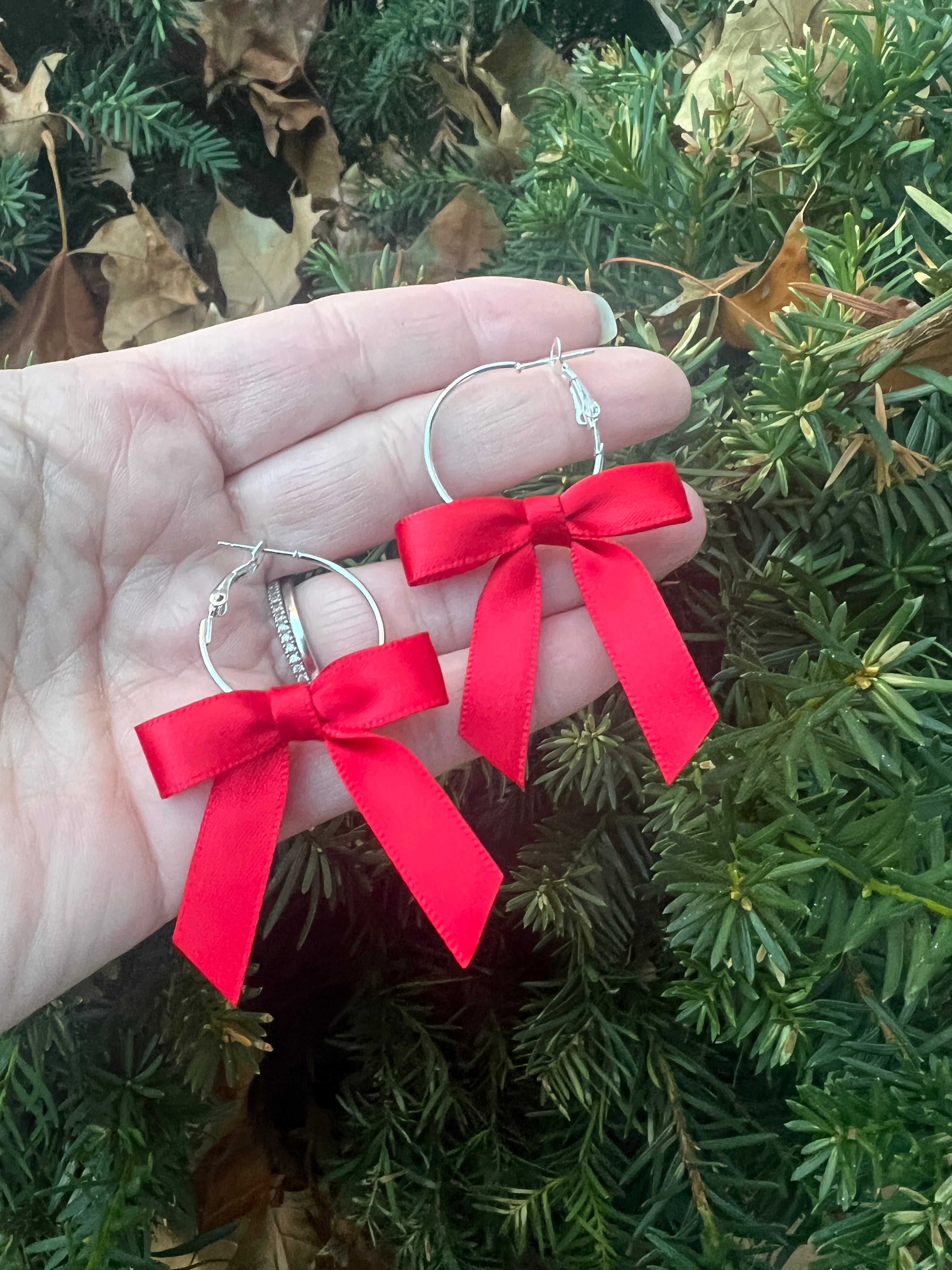 Red Ribbon Bow Hoop Earrings