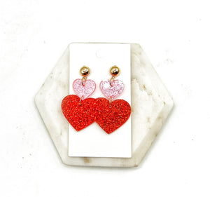 Pink Red Double Heart Glitter Acrylic Earrings