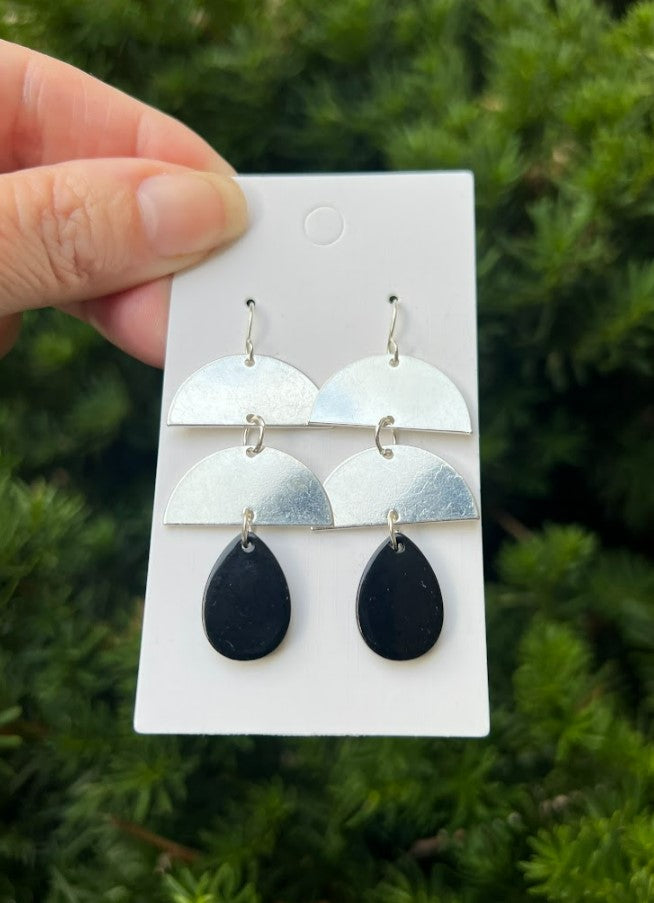 Black Silver Double Luna Earrings