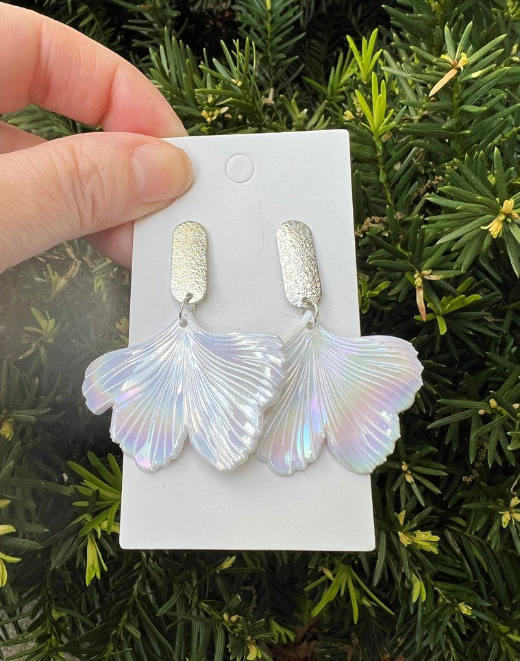 White Iridescent Ginkgo Earrings