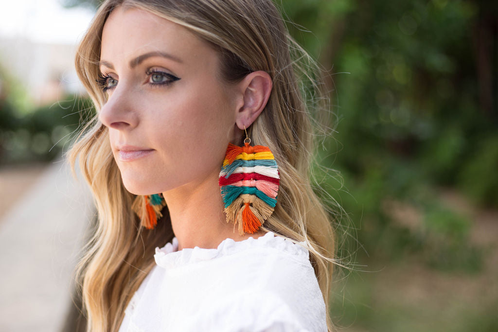 Rainbow Macrame Leaf Earrings