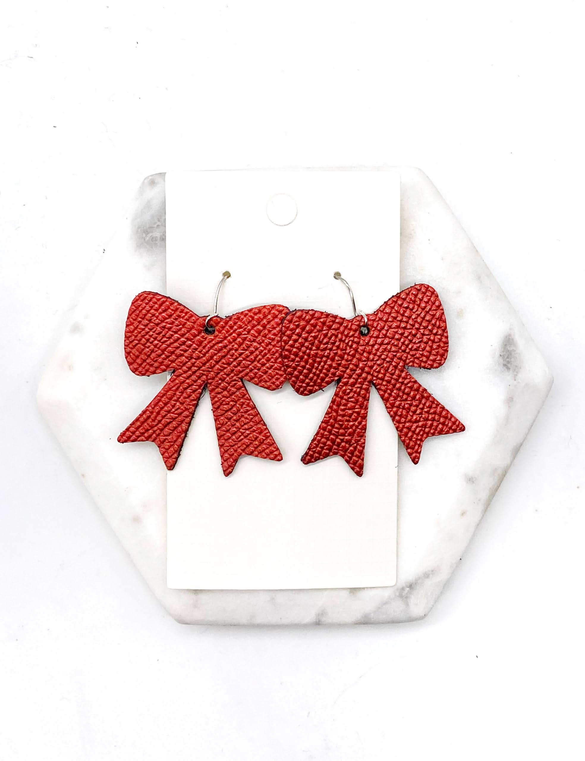 Metallic Red Bow Leather Earrings