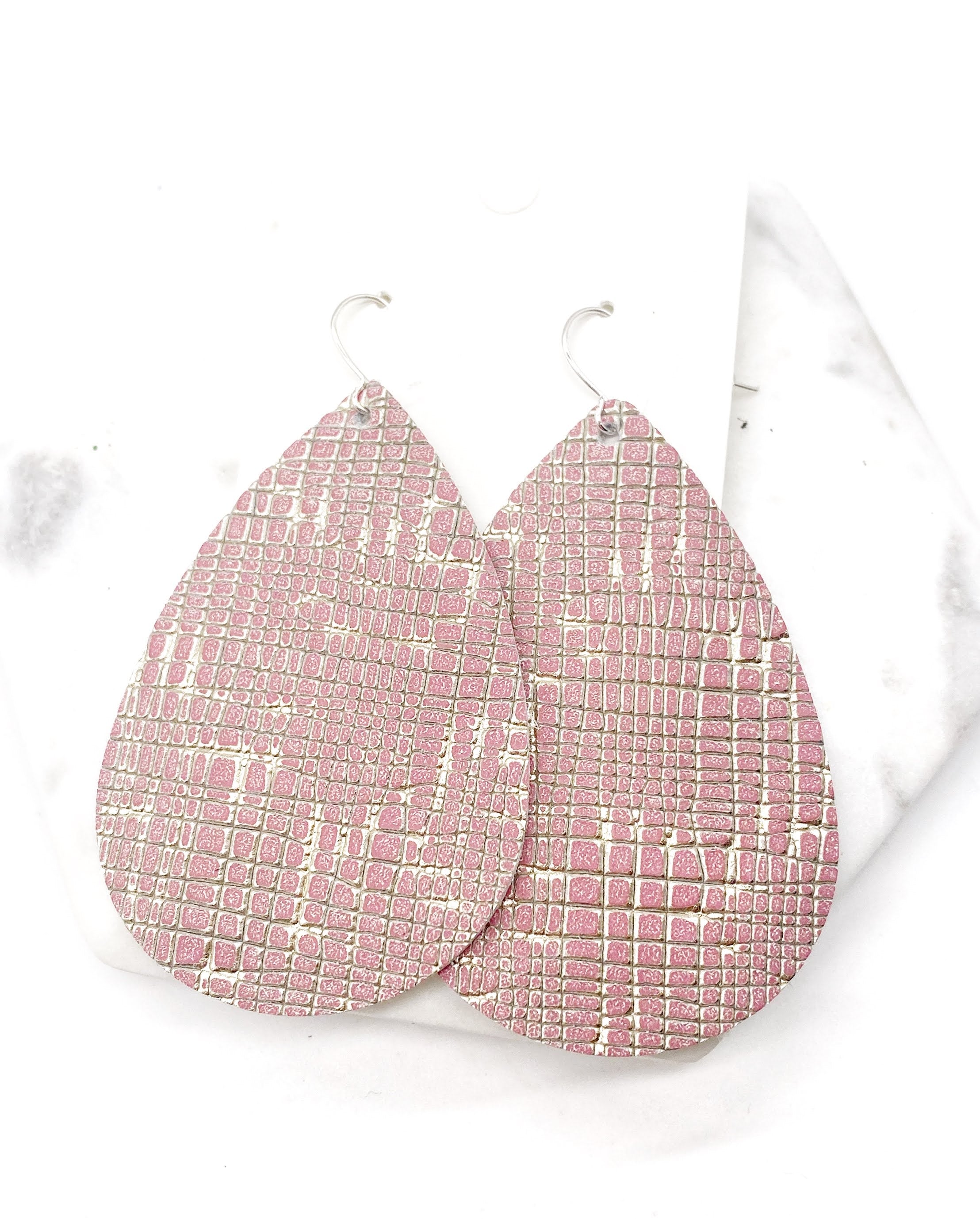 Pink Etched Teardrop Leather Earrings