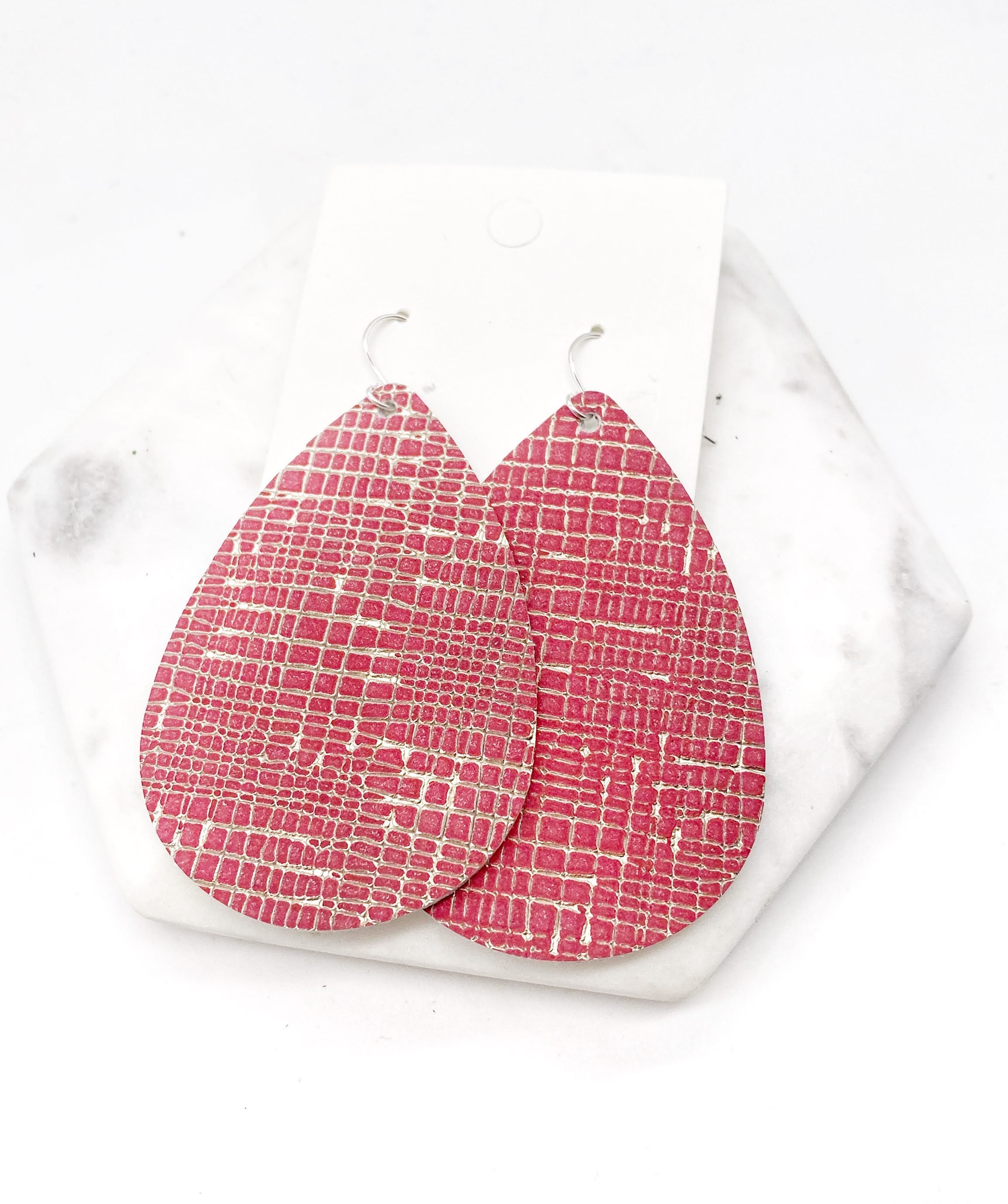 Cranberry Etched Teardrop Leather Earrings