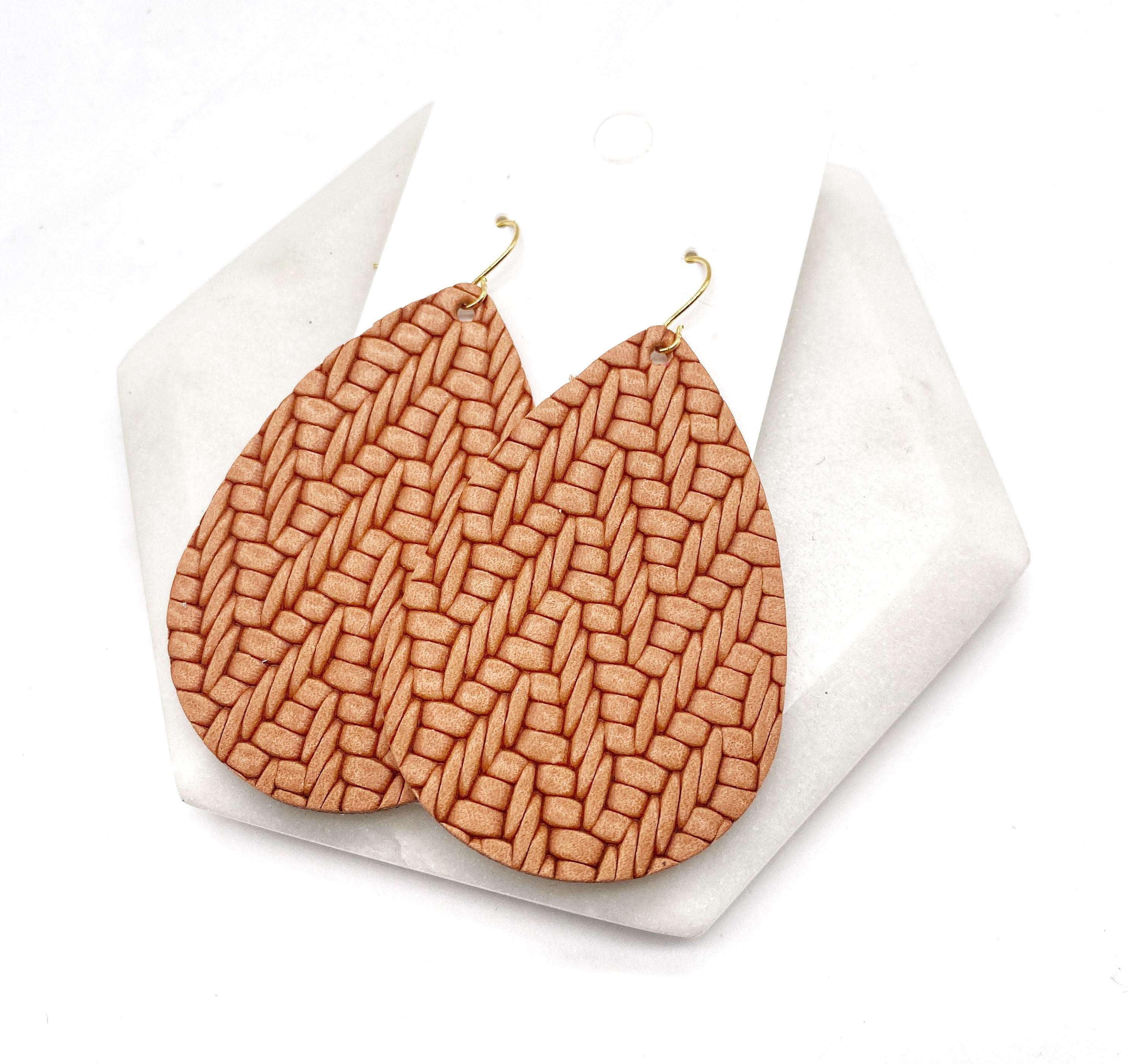 Camel Knit Leather Teardrop Earrings