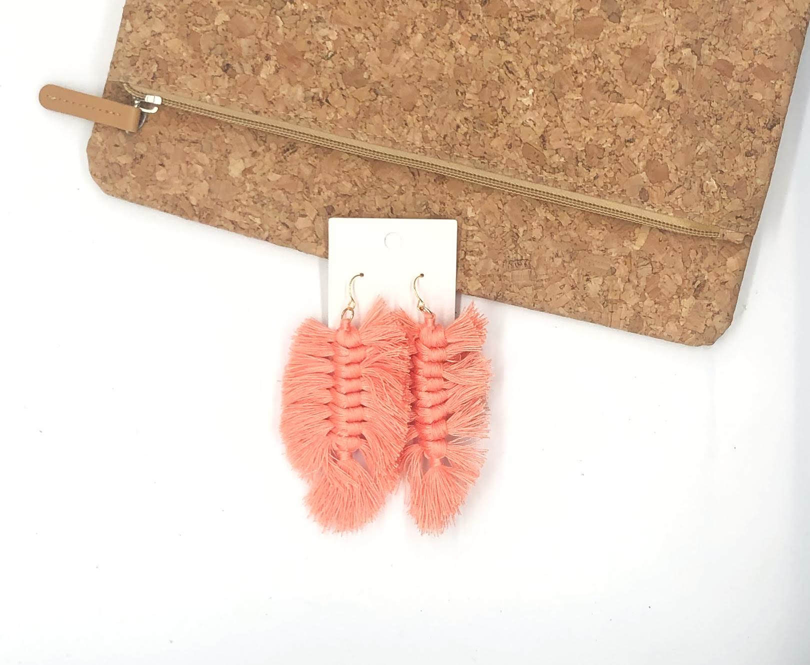Coral Macrame Leaf Earrings