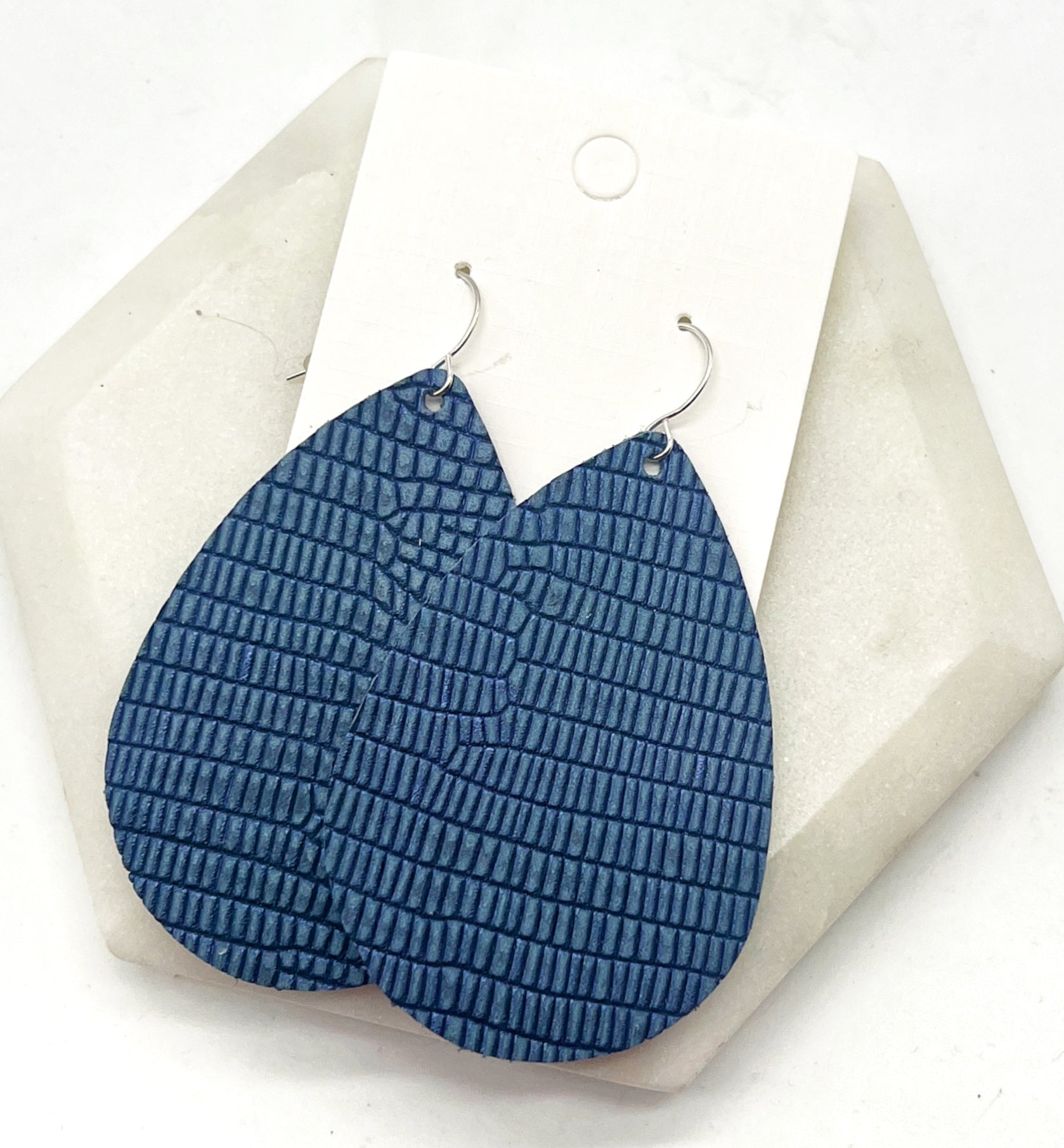 Navy Blue Snakeskin Leather Earrings
